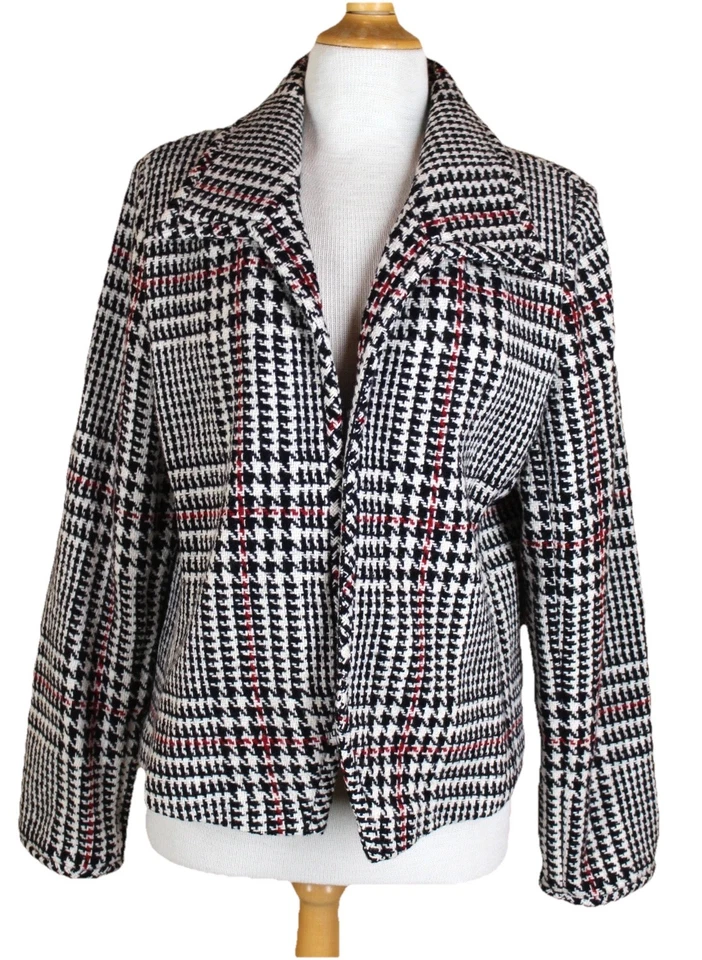 Chaqueta Blazer Marshall Fields Talla 14 Pata de Gallo Negra Roja Lana Tweed L XL Foto 1 de 1
