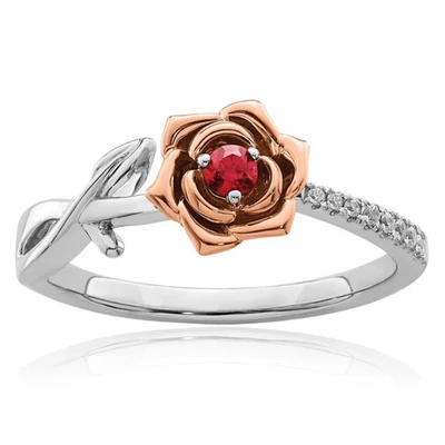 14K Solid Two Tone Gold Ruby Diamond Flower Ring - Image 1 of 4