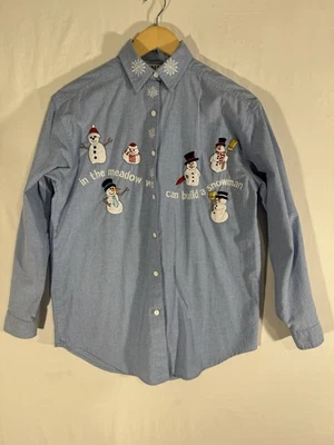 Build A Snowman Blue Long Sleeve Button Shirt With Snowman And Snowflakes Sz Sm - Image 1 of 4