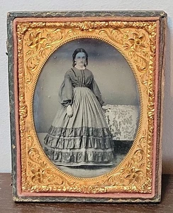1860s Quarter Plate Tintype Young Woman Full Length Portrait Fashion Dress Photo - Picture 1 of 4