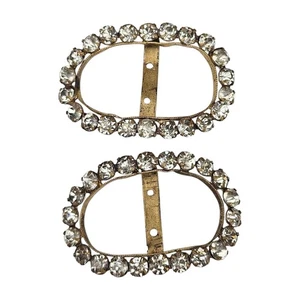 Antique White Rhinestone Shoe Buckles Curved Oval Foil Back Buckle Set 1910s 20s - Picture 1 of 12