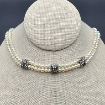 Gargantilla ajustable de perlas de agua dulce de plata de ley marcasita turmalina Foto 1 de 4