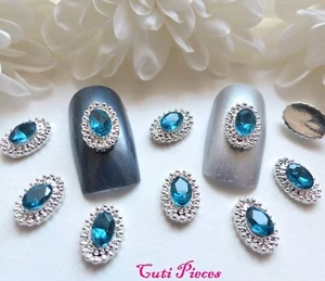 Arte en uñas 3D estrás turquesa azul gema marco plateado punta de joya aleación metálica - Imagen 1 de 5