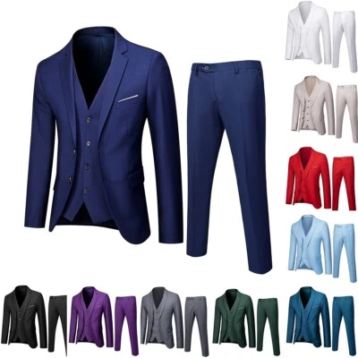Business Men Suits Set 3pcs Regular Fit Single Breasted Formal Tuxedos Work Wear - Image 1 of 4