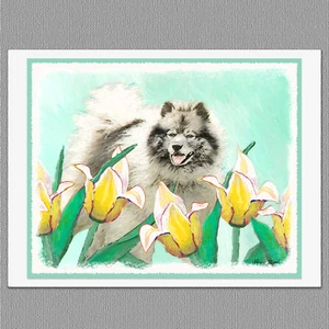 6 tarjetas de felicitación Keeshond in Tulipanes perro nota artística en blanco - Imagen 1 de 1