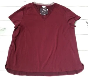 Ava Viv Womens Size 1X, 2X Burgundy Blouse Ruched Trim Cotton Front Satin Back  - Picture 1 of 5