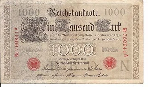 GERMANY , 1000 MARK, Red s/n & Seal 6 digit serial # 760941, P#44a, 1910, RARE - Picture 1 of 2