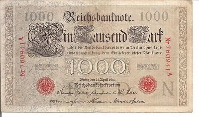 GERMANY , 1000 MARK, Red s/n & Seal 6 digit serial # 760941, P#44a,  1910, RARE - Image 1 of 2