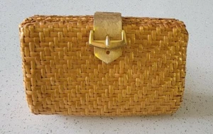 Vtg I.Magnin And Co Wood Weave W Gold Hardwear Clutch Purse - Picture 1 of 12