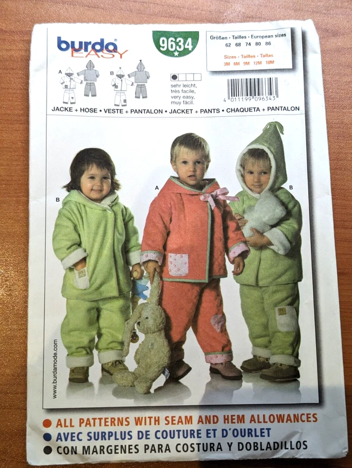 BURDA EASY Kids 9634 Toddler Unisex 3m-18m Jacket Coat Pants Loose Fitting Uncut - Image 1 of 3