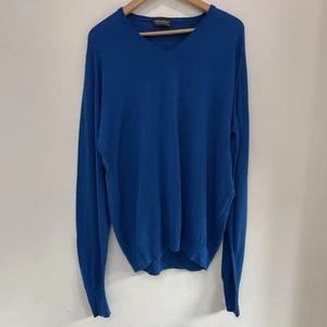 John Smedley Mens Size XL Blue Sea Island Cotton Knit Jumper V Neck - Picture 1 of 9