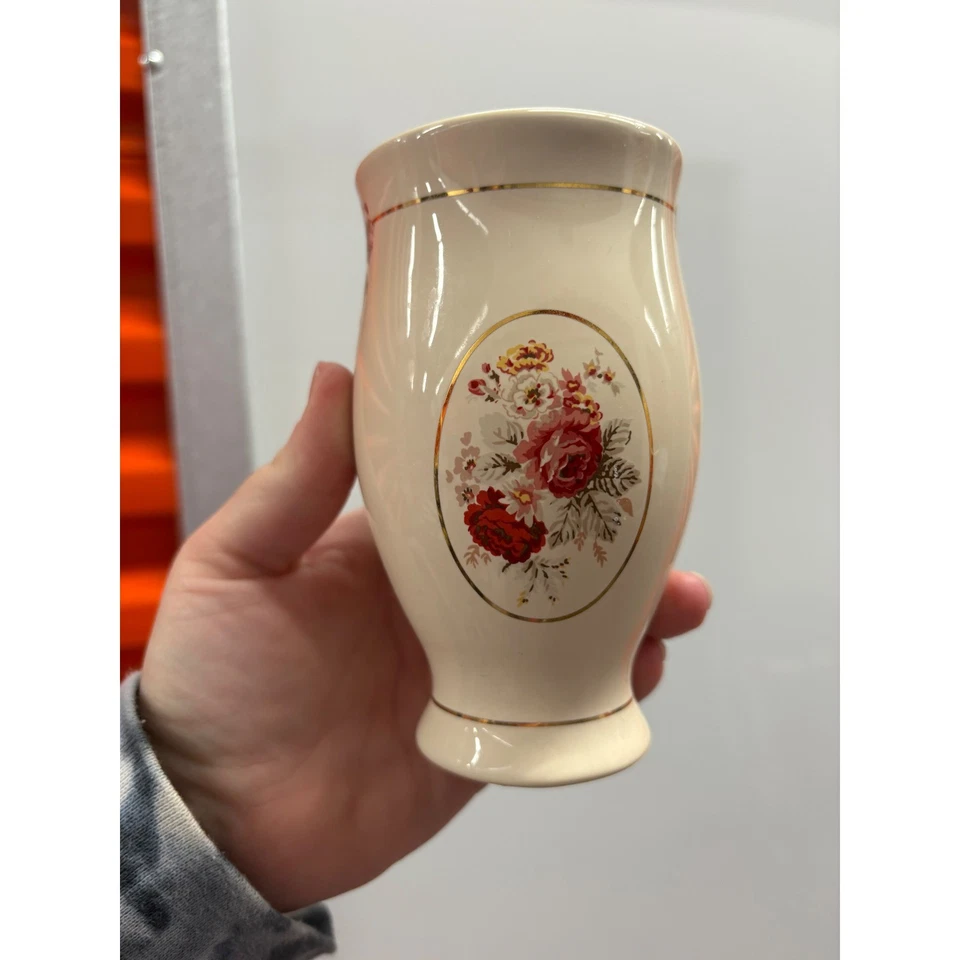 Organizador de tocador vintage de cerámica con borde dorado floral beige Foto 1 de 4