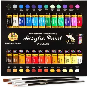 24 Color Acrylic Paint Set with 3 Brushes for Crafting Projects - Picture 1 of 7