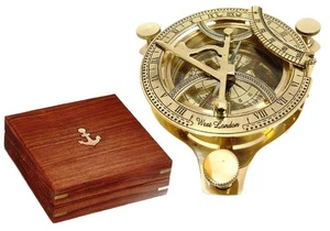 Massiver Messing 4" Sonnenuhr Kompass - mit Holzbox rustikal Vintage Wohndeko Geschenke - Bild 1 von 2