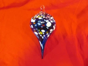 7" BLAU MEHRFARBIG GEPUNKTET GESTRECKTES MUNDGEBLASENES GLAS ORNAMENT - Bild 1 von 3