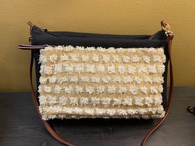 Tommy Bahama Cartera Bronceada Crema Negro Lino Con Bolsillo Rafia Bandolera Boho Foto 1 de 4