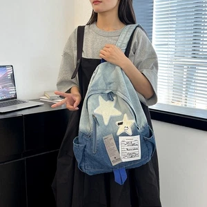 Large Capacity Denim Star Backpack Y2K Double Shoulder Bag Outdoor - Picture 1 of 14