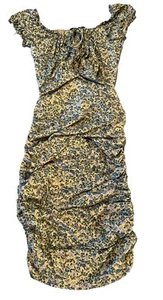 Lulus Love Bloom cremefarbenes schulterfreies Kleid mit Blumenmuster und Rüschen, Gr. Large - Bild 1 von 5