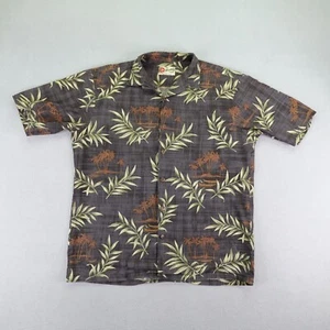 Hilo Hattie Shirt Mens Large Gray Green Hawaiian Leaves Button Up Aloha Camp - Picture 1 of 10