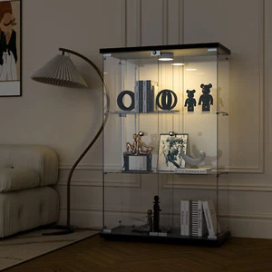 3 Shelves Glass Display Cabinet Black W/LED Light 2 Doors Storage Case For Curio - Picture 1 of 10