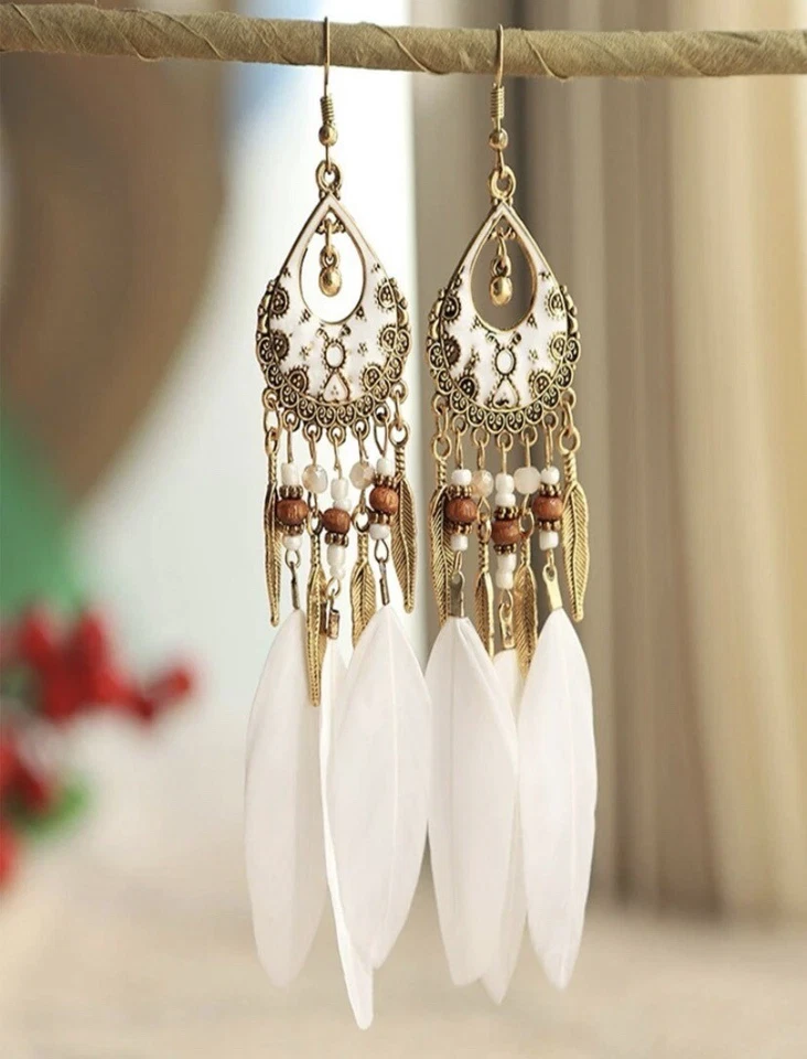 Gold And Brown Earrings - White feather earrings - beaded drop tassel earrings - Image 1 of 1