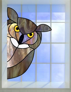 Peeking Horned Owl Faux Stained-Glass WINDOW CLING Size 10.6" Vinyl - Picture 1 of 1