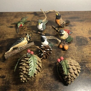 Bird Christmas ornaments six different birds and two pinecones lots of eight - Picture 1 of 14