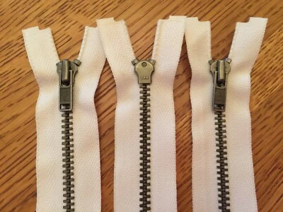 YKK Open-End White Zipper, Antique Nickel Metal Teeth 16" 16.5" 17" 1 zipper - Image 1 of 2