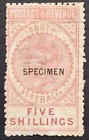 1886- South Australia 5/- Rose pk Long Postage&revenue stamp P11-5-12.5 Specimen