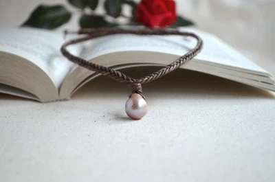 Edison Teardrop Pearl on Braided Leather Necklace Handmade Gift for Her - Image 1 of 4