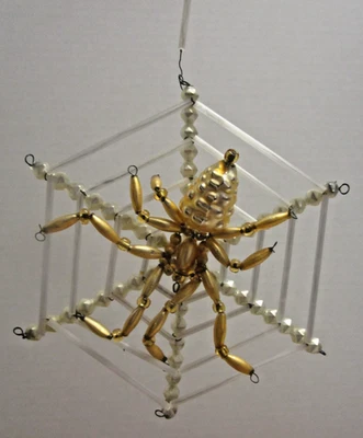 Vintage Czech Glass Bead Spider on Web Christmas Halloween Ornament Gold/Pearl - Image 1 of 3