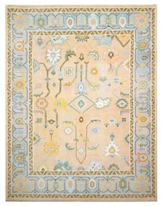 Oushak Peach-Blue Traditional Contemporary Hand-Knotted Rug to decor living area - Picture 1 of 11