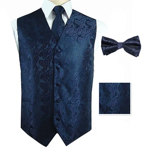 Navy Blue Paisley Tuxedo Dress Vest Waistcoat & Neck tie & Bowtie And Hanky Set - Picture 1 of 3