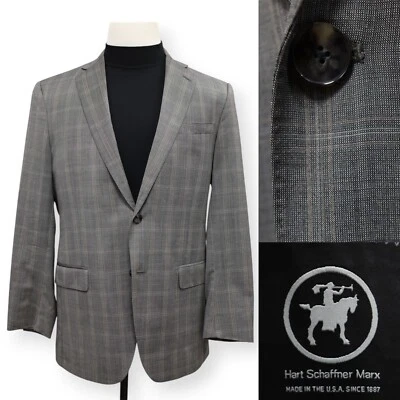 HART SCHAFFNER MARX 男式灰色羊毛 WINDOWPANE 运动外套西装夹克 40 L — 第 1/4 张图片
