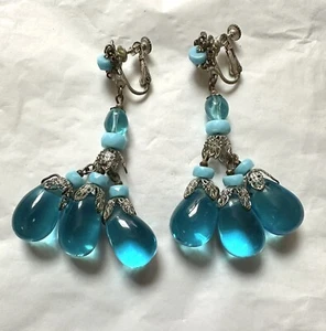 Vintage Miriam Haskell Blue Glass Dangle Earrings 3” - Imagen 1 de 6