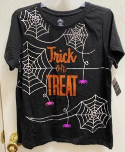 Halloween Trick or Treat Girl T-Shirt Black Pretty Shiny Webs Size XS 4-5 NWT - Picture 1 of 3