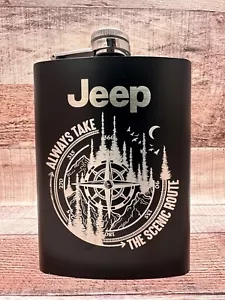 Jeep-Scenic Route schwarz Edelstahl 8 Unzen Hüftkolben + Trichter lasergraviert - Bild 1 von 7