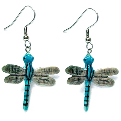 ✤ Nuevos Pendientes de Porcelana ROSA DEL NORTE LIBÉLULA AZUL con Cable Cuelga Gota Joyería Foto 1 de 2