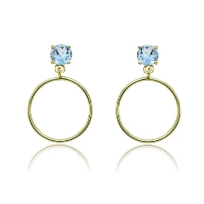 Yellow Gold Flashed 925 Silver 5mm Blue Topaz Dangling Round Hoop Stud Earrings - Image 1 of 3