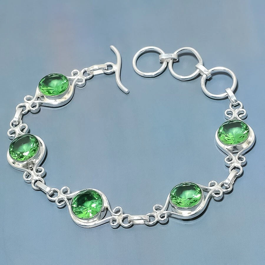 Peridot Quartz Round Gemstone Silver Plated Bracelet Jewelry 7-8" - Image 1 of 1