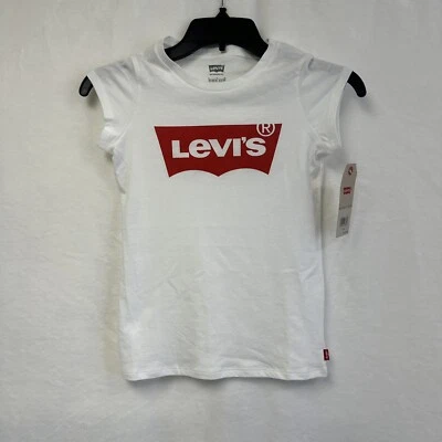Camiseta Levi's masculina pequena branca vermelha manga gorro 8-10 anos algodão/poliéster $18 MSRP - Imagem 1 de 4