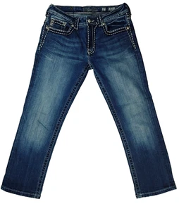 MISS ME Denim Women's Crystal Embellished Mid Rise Boyfriend Capri Blue Jeans 27 - Picture 1 of 9