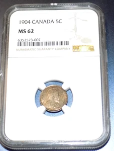 Moneda de cinco centavos de plata canadiense 1904 5C NGC MS 62 Canadá certificada graduada UNC - Imagen 1 de 4