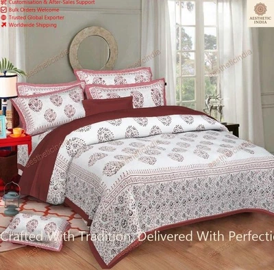 Sábana bajera doble con 2 fundas de almohada 100 % algodón estampado floral indio, rosa Foto 1 de 4