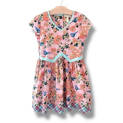 Matilda Jane Dress Girls 10 Pink Bluebird Floral Plaid Hem Friends Forever Line - Image 1 of 4