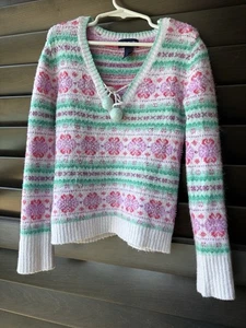 Limited Too Mädchen XS V-Ausschnitt Pullover Perlen Glitzer weiß grün rosa  - Bild 1 von 7
