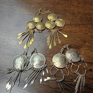 Vintage Gold Silver Tone Coin Earrings Peru Engraved Dangle Drop Lot Of 3 - Picture 1 of 6