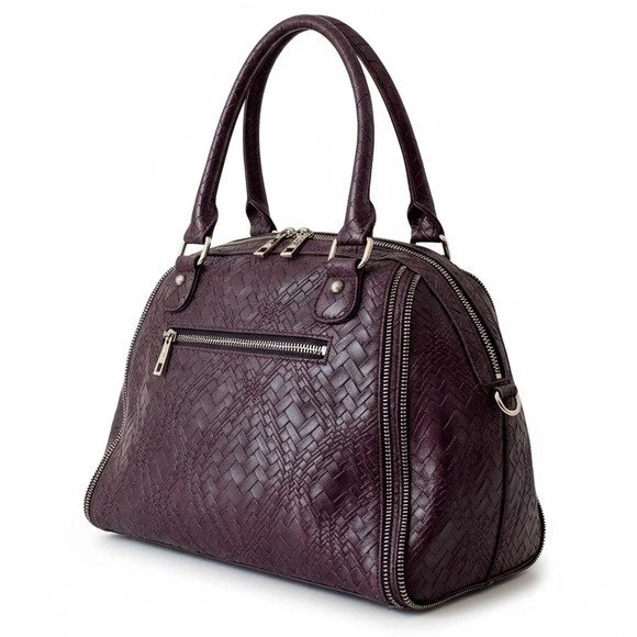 Melie Bianco Burgundy Woven Vegan Leather Satchel Bag Top Handle - Image 1 of 4