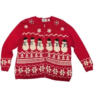 Vintage Hand Knit Women Red Snowman Snowflake Zip Up Ugly Christmas Sweater XL - Picture 1 of 8