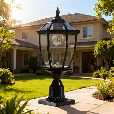 20" Outdoor Solar Post Light Garden Pillar Lamp FIxture Dusk To Dawn with Remote - Image 1 of 4